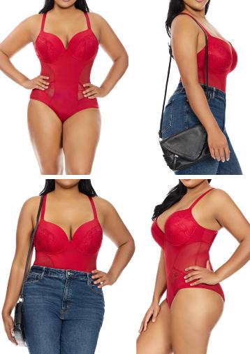 Womens Plus Shapewear Red Bodysuit Shiny Micro Galloon Lace Mesh