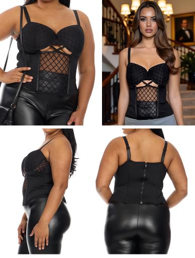 Women's Plus Shapewear Black Bustier P/U Micro Geometric Mesh