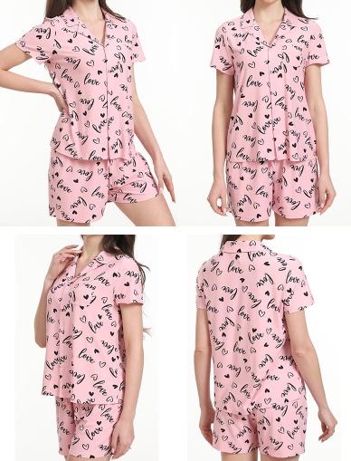Women's Sleepwear-Pink ''Love'' BlackHearts Notchcollar SHORTSets
