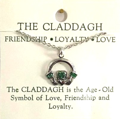 Irish Claddagh 18 Inch NECKLACE in Silver Plate & Irish Green