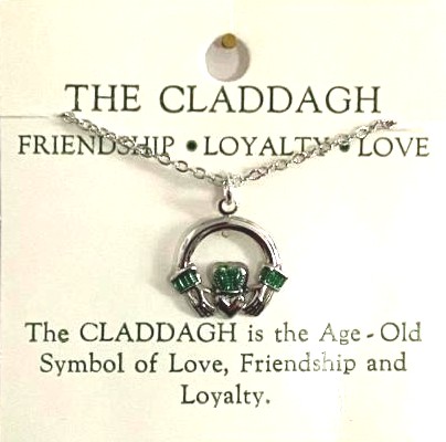 Irish Claddagh 18 INch Necklace IN Silver Plate & Irish Green