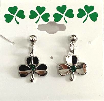 Irish Shamrock Drop Pierced EARRING Silver Plate & Crystal Stone