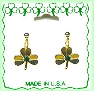 Irish Shamrock Drop Pierced EarrINg Gold Plate & Crystal Stone