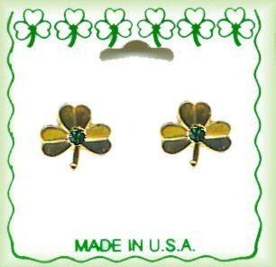 Irish Shamrock Pierced EARRINGS in Gold Plate & Crystal Stone