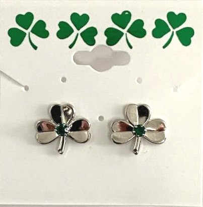 Irish Shamrock Pierced EarrINgs IN Silver Plate & Crystal Stone