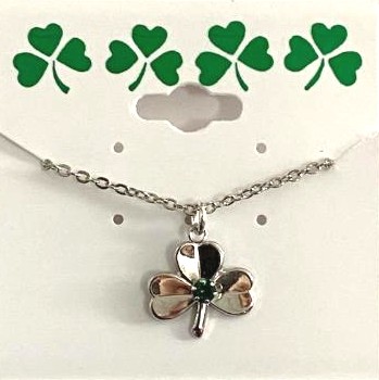 Irish Shamrock Necklace in Silver Plate & Crystal Stone