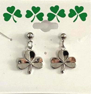 Irish Shamrock DANGLE Pierced Earrings in Silver Plate