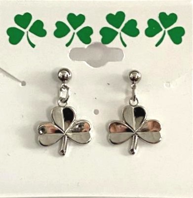 Irish Shamrock Dangle Pierced EarrINgs IN Silver Plate