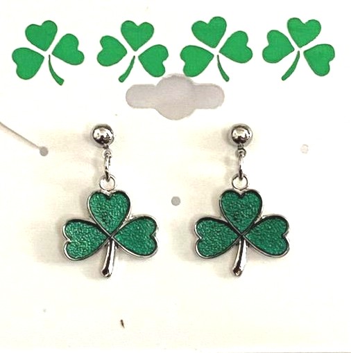 Irish Shamrock DANGLE Pierced Earrings in Silver Plate & Green