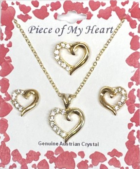 Hearts Austrian Crystal Neck, Pin & Earrings TRIO Set