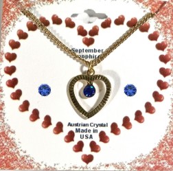 BIRTHSTONE Heart Charm Necklace & Matching Pierced Earrings
