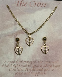 Cross in Heart Necklace & Matching Pierced Earrings