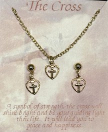 Cross in Heart Necklace & Matching Pierced Earrings