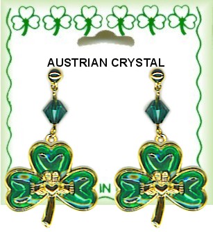 Irish Austrian Crystal Shamrock in Claddagh DANGLE Earrings