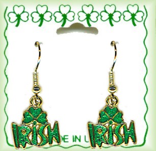 Irish Dangle Pierced EarrINgs With Shamrock & Irish Script